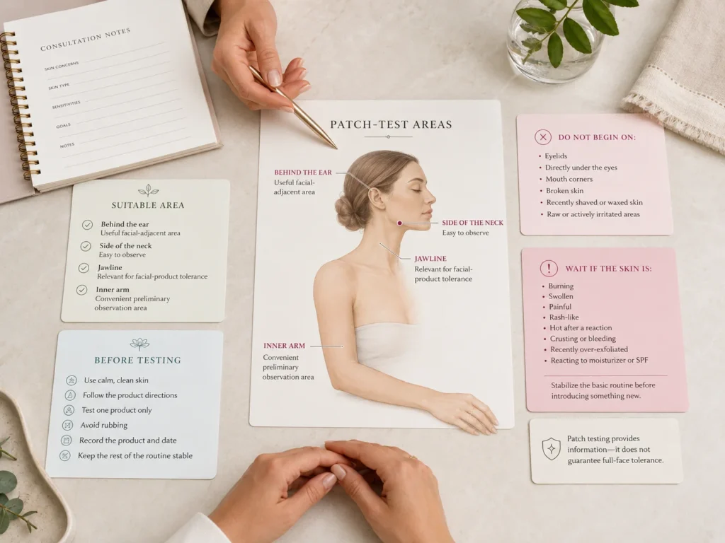 Skincare patch-test guide showing suitable areas behind the ear, side of the neck, jawline, and inner arm.