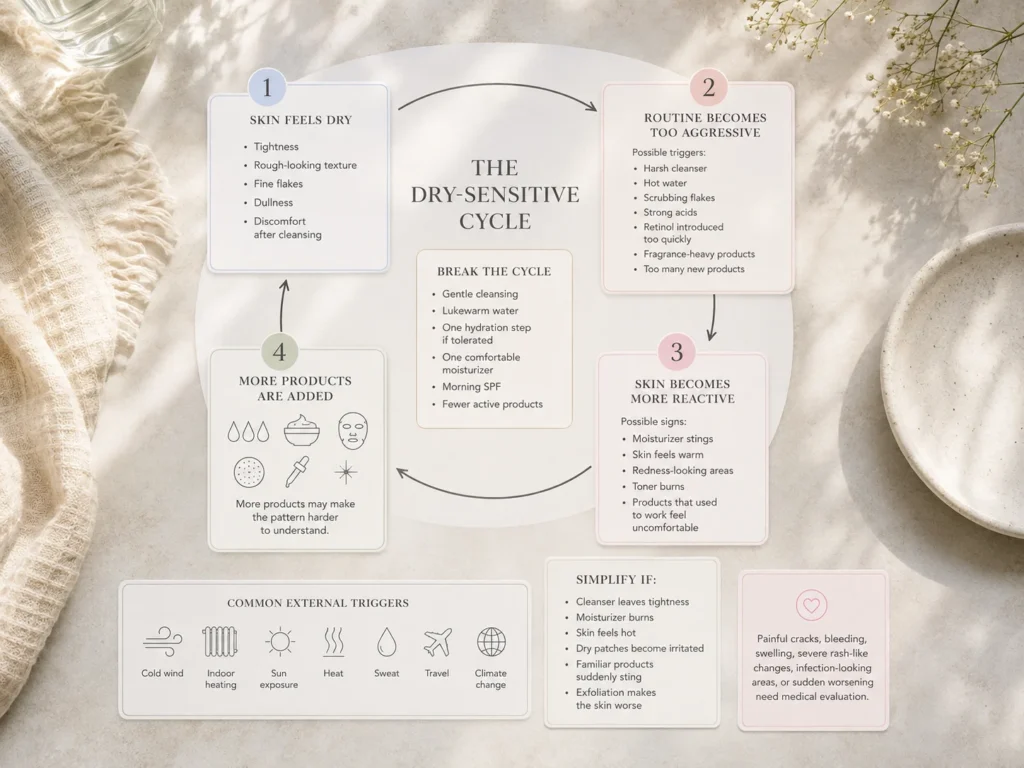 Dry-sensitive skin cycle showing how dryness, aggressive skincare, irritation, added products, and environmental triggers can increase reactivity, with guidance to simplify the routine.
