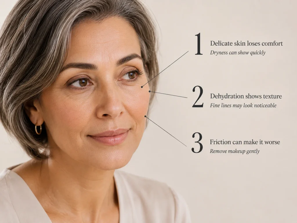 Close-up woman with three callouts explaining eye-area dryness, dehydration-looking texture, and makeup-removal friction.