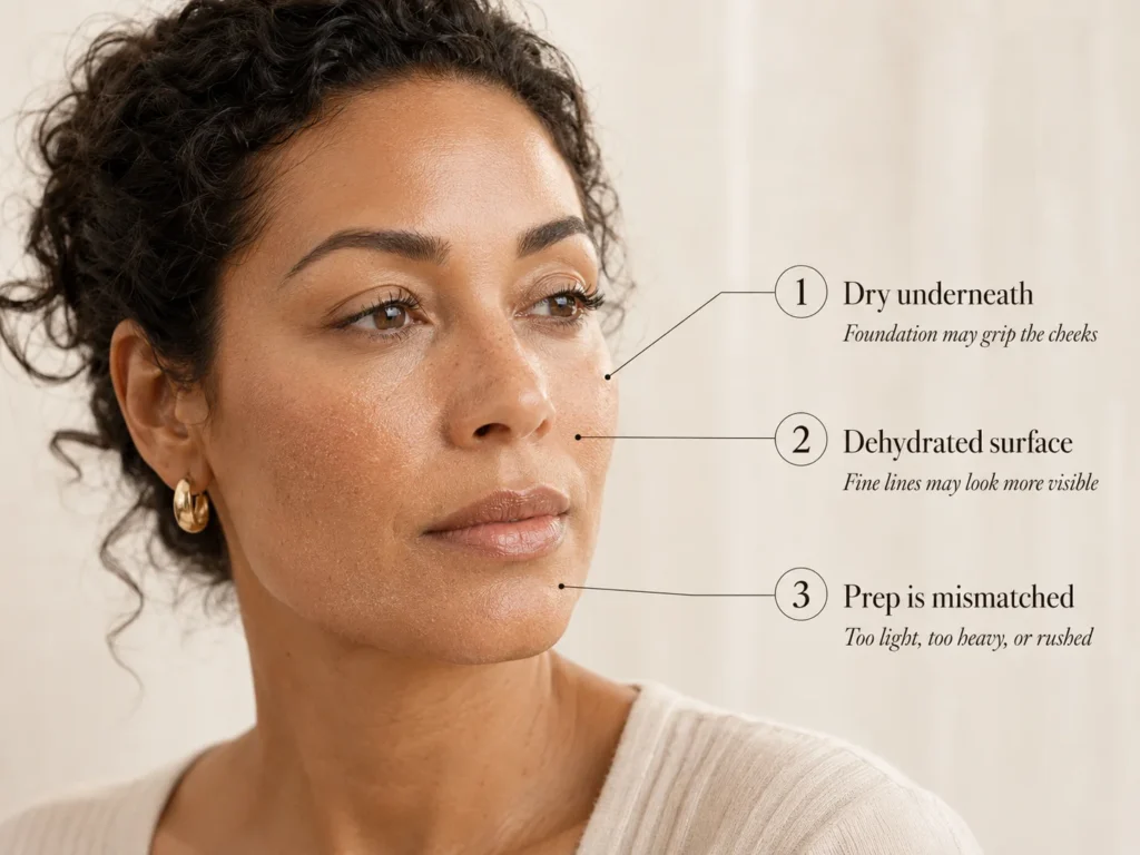 Close-up model showing makeup clinging to dry cheek, dehydrated under-eye texture, and uneven preparation around the nose and mouth.