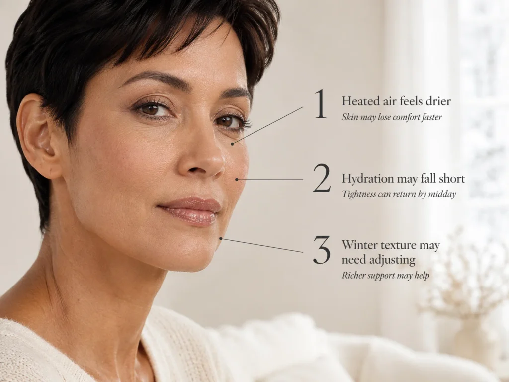 Close-up woman with three callouts explaining dry indoor air, dehydration, and seasonal moisturizer adjustment during heated winter months.