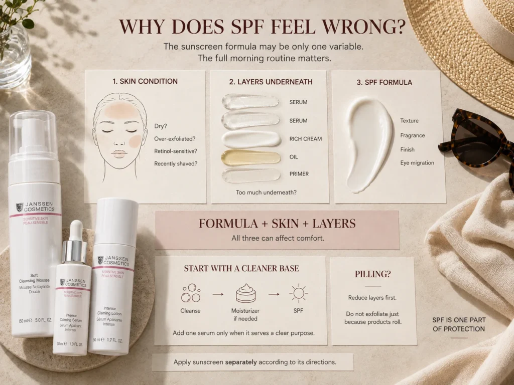 Luxury educational guide showing how skin condition, excessive morning layers, and sunscreen formula can all affect sensitive-skin SPF comfort.