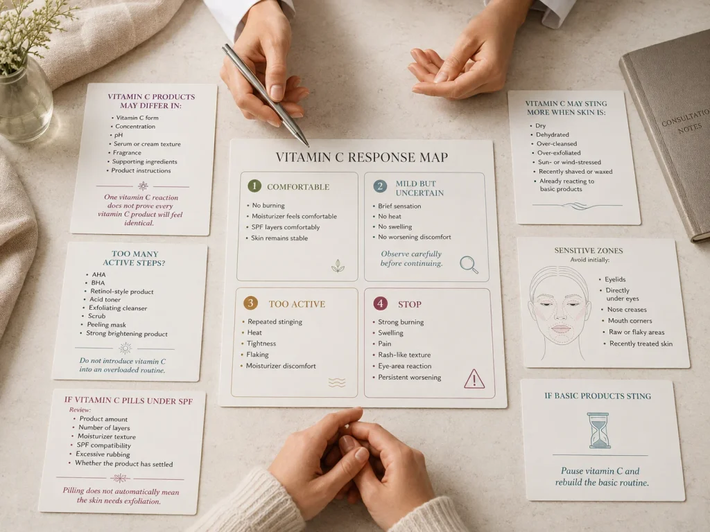 Vitamin C sensitivity guide showing formula differences, skin-condition factors, active-product overload, facial areas to avoid, pilling, and signs to stop.