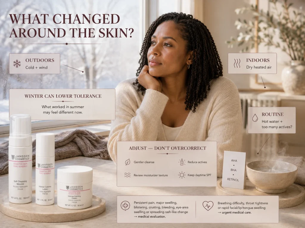 Luxury winter skincare scene showing cold wind, indoor heated air, and hot-water or active-product habits that may change sensitive-skin tolerance.