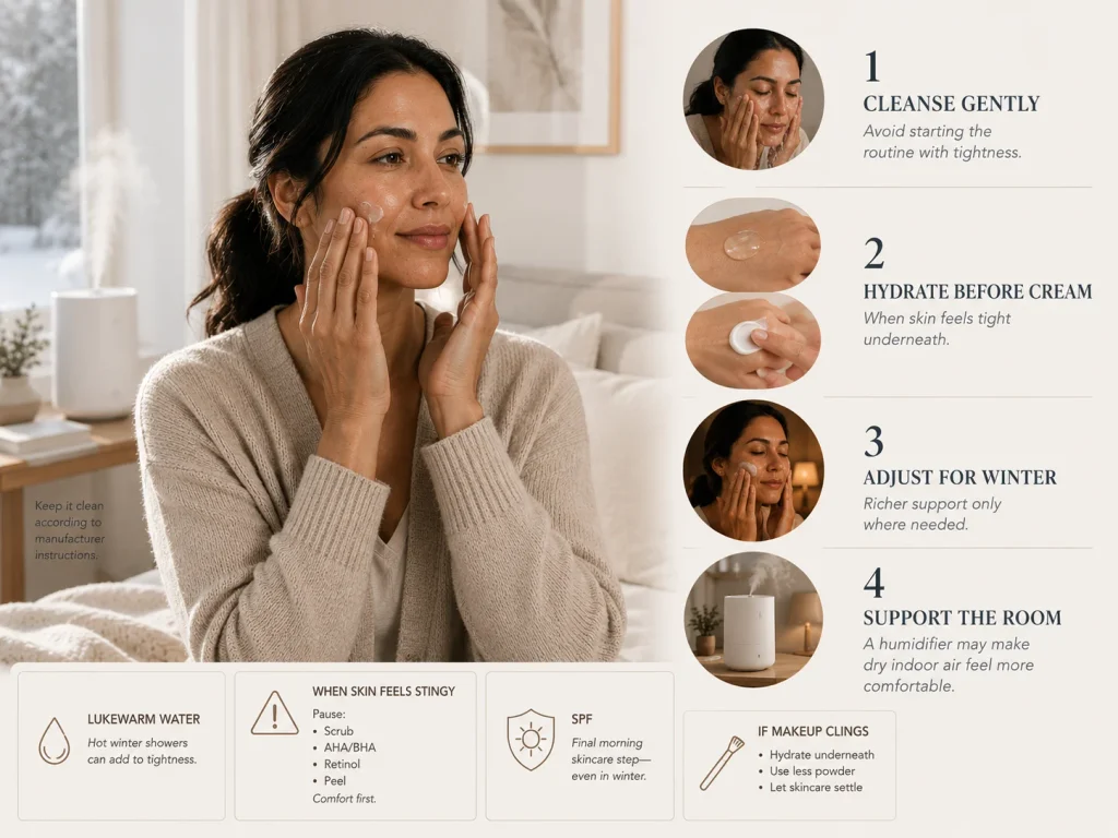 Woman adjusting her winter dry-skin routine with gentle cleansing, hydration, targeted richer cream, and a clean humidifier in a heated indoor environment.