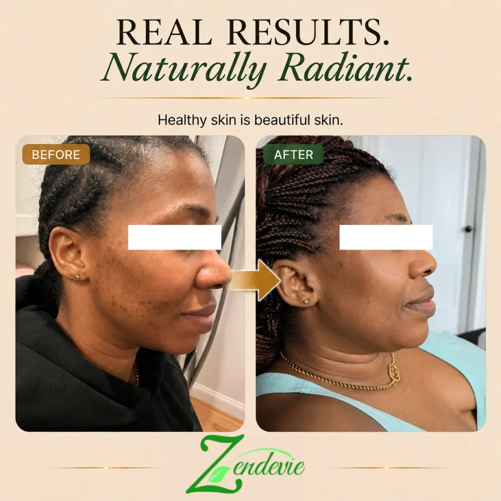 Zendevie before-and-after skincare result showing blemish-prone skin with a smoother, more even-looking complexion.