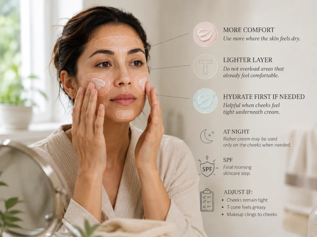 Woman applying more moisturizer to dry cheeks and a lighter amount to the T-zone as part of a zone-based skincare routine.
