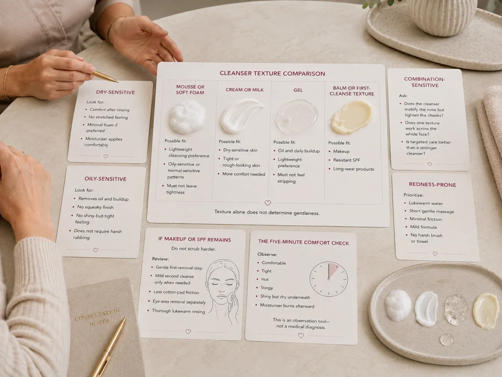 Product-free comparison of mousse, cream, milk, gel, and balm cleanser textures for dry-sensitive, oily-sensitive, combination-sensitive, and redness-prone skin.