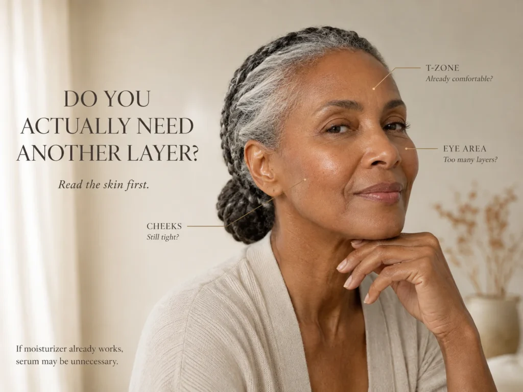 Mature-skin model with direct cues showing cheek tightness, a comfortable T-zone, and an eye area that may not need additional skincare layers.