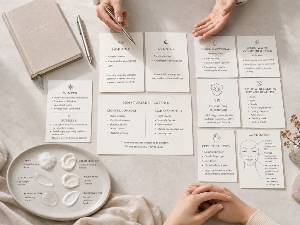 Dry-sensitive skincare routine showing gentle cleansing, lighter versus richer moisturizer choices, morning SPF, seasonal adjustments, optional toner and serum, and active-product pauses.