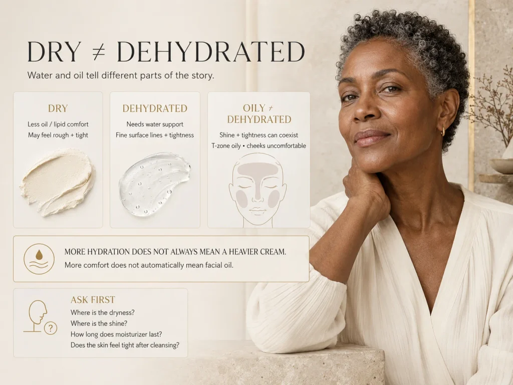 Luxury mature-skin education comparing dry, dehydrated, and oily-dehydrated patterns without assuming all mature skin needs a rich cream.