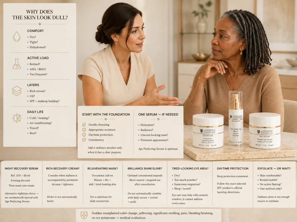 Esthetician reviewing hydration, cleansing, active use, product buildup, moisturizer, SPF, and eye-area factors before choosing one radiance-supporting step for dull-looking mature skin.