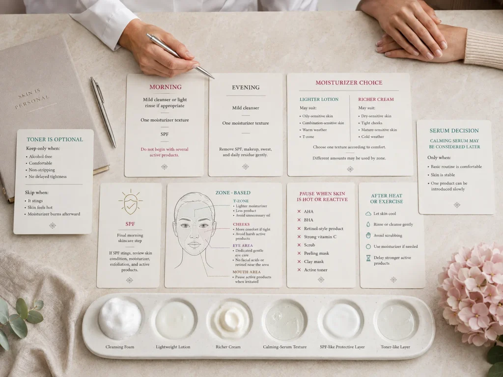 Redness-prone skin routine guide showing mild cleansing, lighter versus richer moisturizer choices, final morning SPF, optional toner and serum, zone-based care, and active-product pauses.