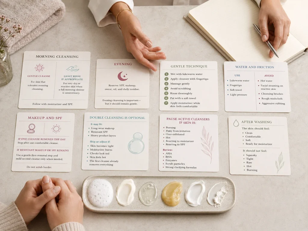 Gentle sensitive-skin cleansing guide showing lukewarm water, fingertips, optional double cleansing, makeup and SPF removal, soft towel drying, and post-cleansing comfort checks.