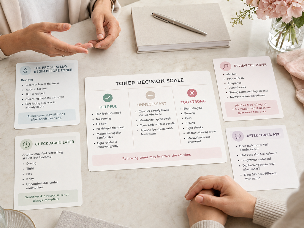 Toner decision guide comparing helpful, unnecessary, and too-strong toner responses in sensitive skin.