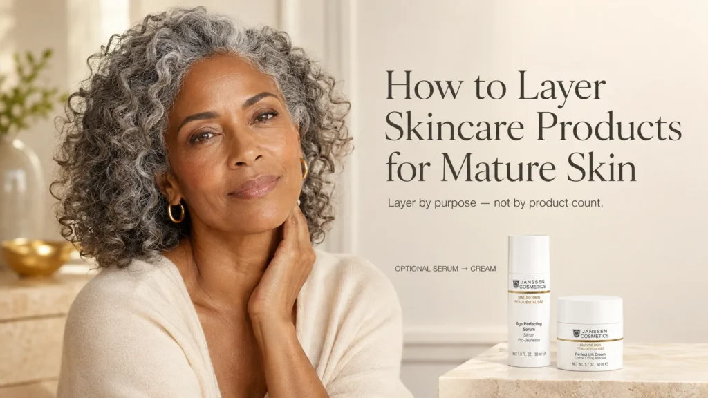Mature woman beside Janssen Age Perfecting Serum and Perfect Lift Cream when exact official product photos are available, illustrating a simple serum-before-cream routine.