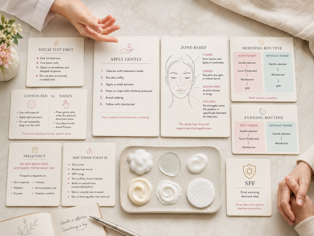 Sensitive-skin toner application guide showing patch testing, gentle cotton-pad or hand application, zone-based use, optional routines, moisturizer, and final morning SPF.