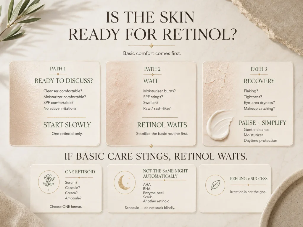 Mature-skin retinol readiness guide showing when to start slowly, when retinol should wait, and when the skin needs recovery first.