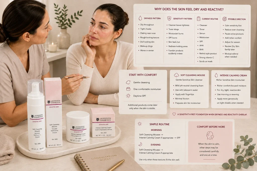 Licensed esthetician assessing tightness, flaking, cleanser response, moisturizer comfort, weather exposure, and active-product use beside verified Janssen Soft Cleansing Mousse and Intense Calming Cream.