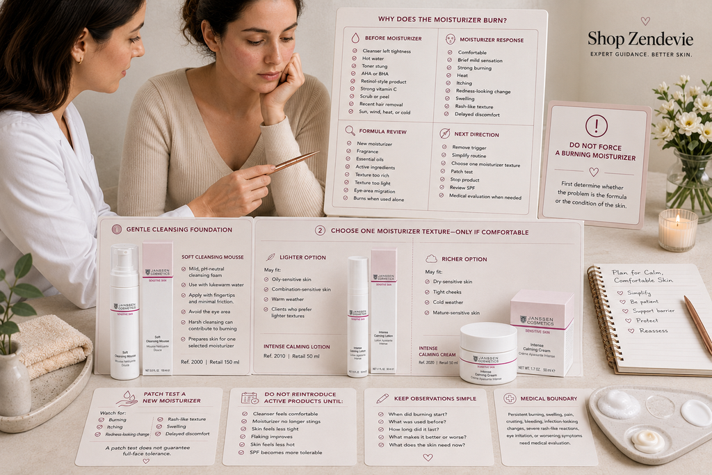 Licensed esthetician helping a client understand why moisturizer may burn, with Janssen Cosmetics Sensitive Skin cleanser and calming moisturizer options for a gentler routine.