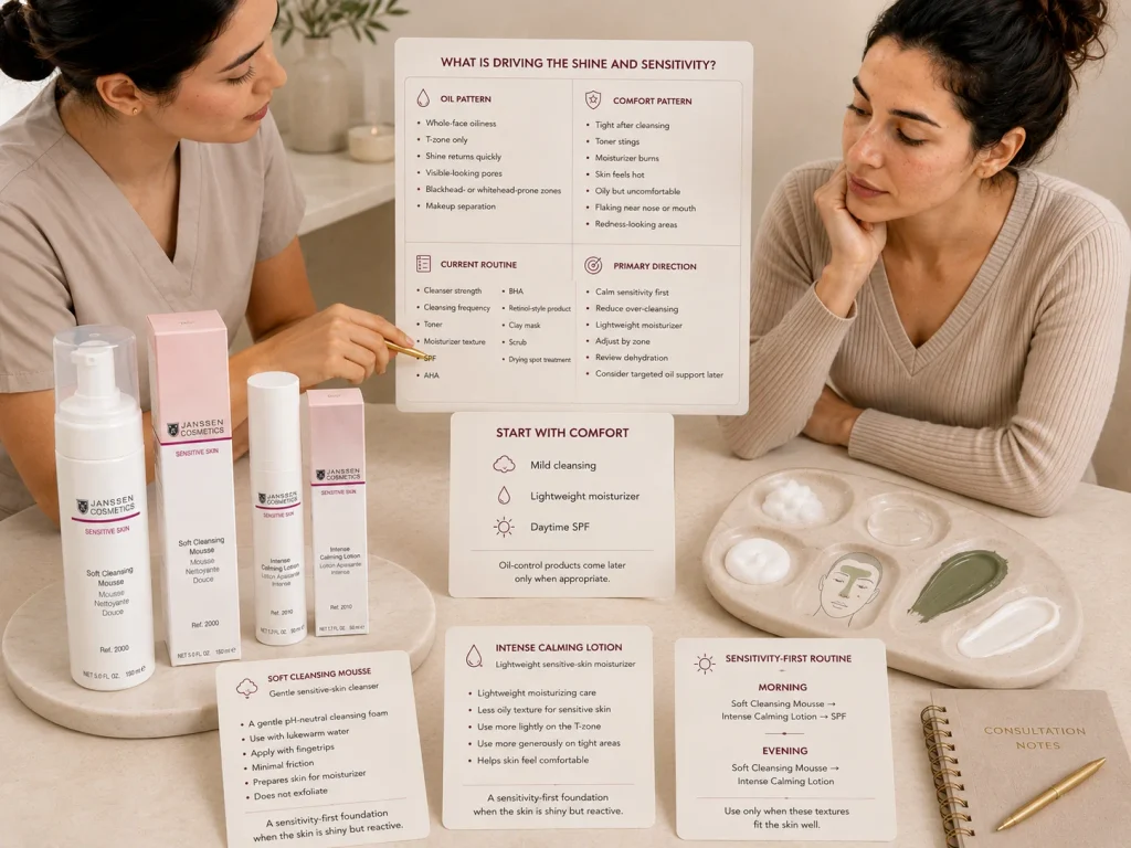 Licensed esthetician assessing shine, tightness, clogged-looking zones, dehydration, and product irritation beside verified Janssen Soft Cleansing Mousse and Intense Calming Lotion.