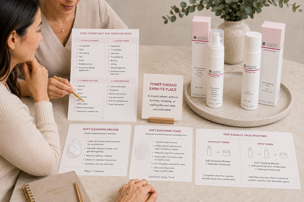 Licensed esthetician comparing a complete sensitive-skin routine without toner against an optional Soft Soothing Tonic routine beside verified Janssen Sensitive Skin cleansing products.