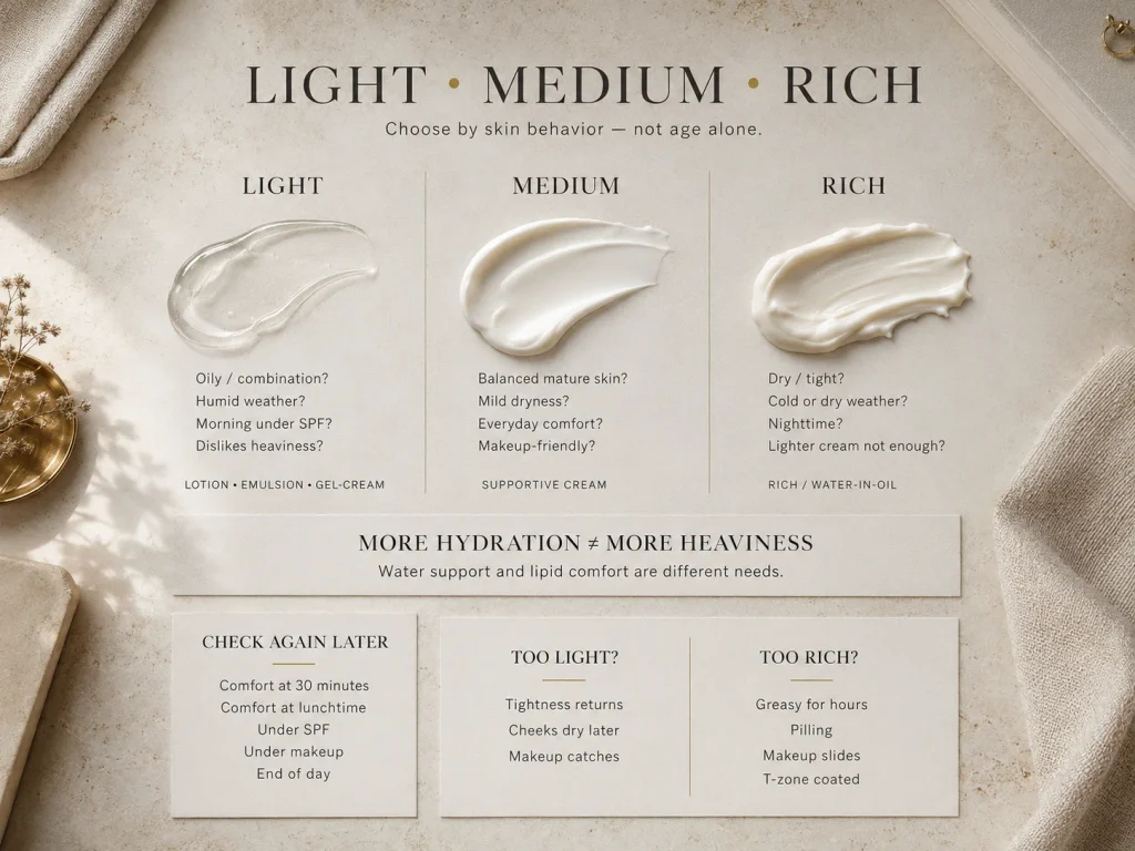 Luxury mature-skin moisturizer texture guide comparing light, medium, and rich textures according to dryness, oiliness, climate, and daytime routine needs.