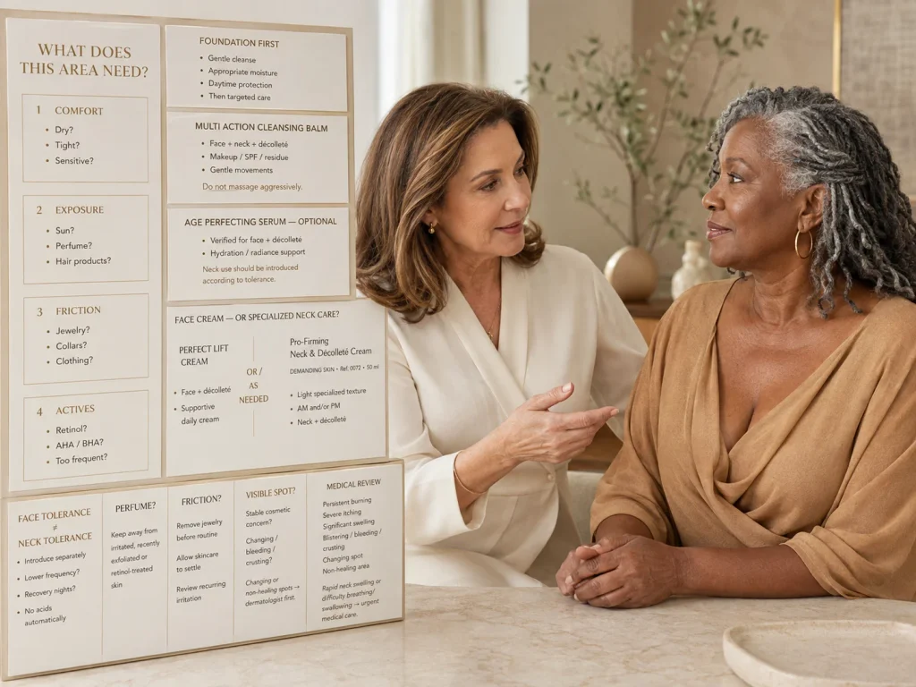 Esthetician assessing mature neck and décolleté dryness, sensitivity, sun exposure, perfume, jewelry, active-product use, and moisturizer needs before selecting a simple routine.