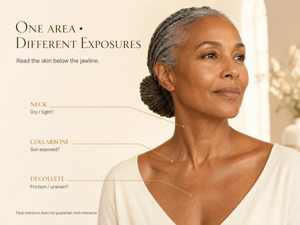 Mature woman with direct leader lines showing the neck, collarbone, and décolleté as areas with different dryness, sun exposure, and friction patterns.