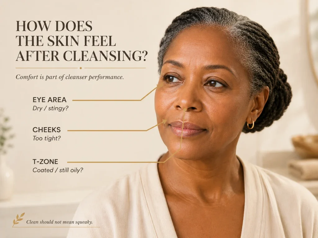 Mature-skin model with direct cues showing cheek tightness, eye-area discomfort, and T-zone residue or oiliness after cleansing.