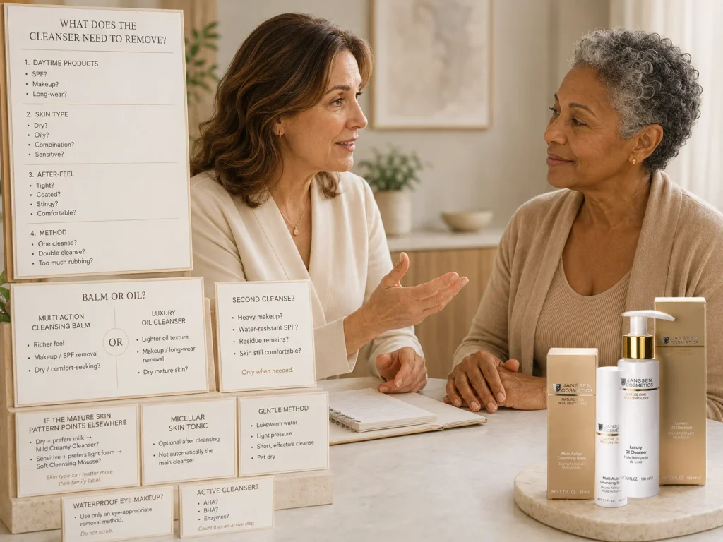 Esthetician comparing cleanser texture, makeup removal needs, skin type, and after-feel before choosing between a mature-skin cleansing balm and oil cleanser.