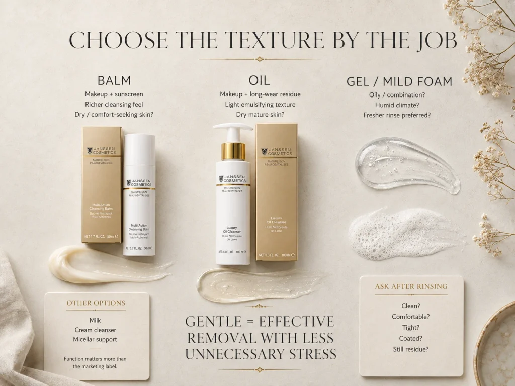 Luxury cleanser texture guide comparing balm, oil, and mild gel or foam options for mature skin based on makeup, oiliness, comfort, and removal needs.