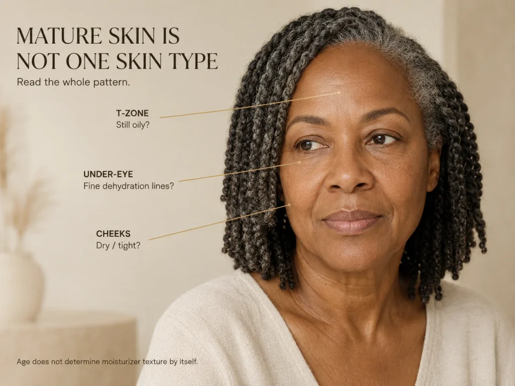 Mature woman with leader lines showing drier cheeks, natural under-eye dehydration lines, and a T-zone that may still retain oil.