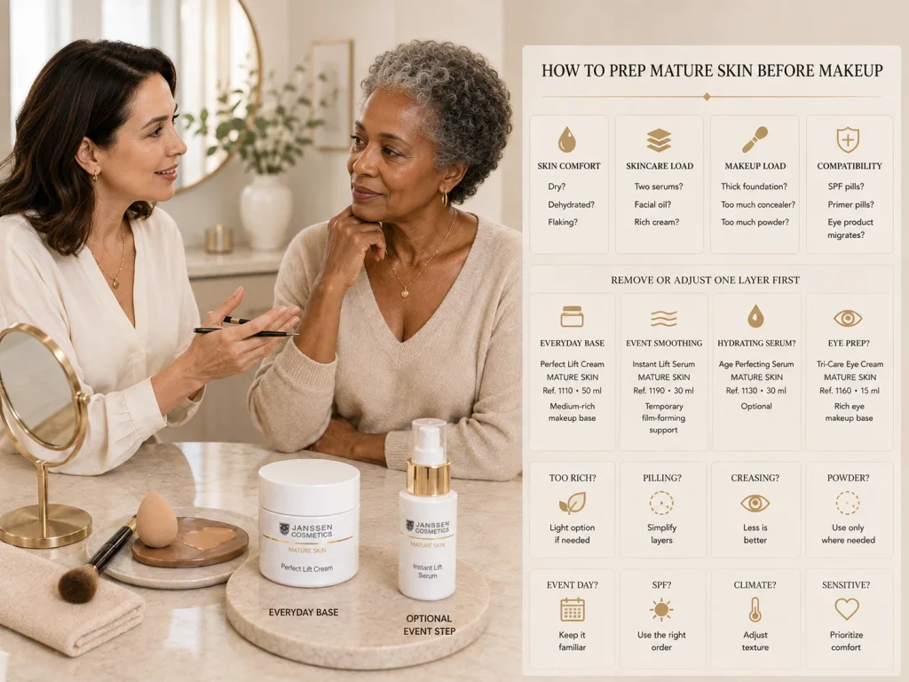 Esthetician helping a mature-skin client identify whether makeup problems come from dehydration, too many skincare layers, moisturizer texture, eye care, sunscreen pilling, or excessive foundation and powder.