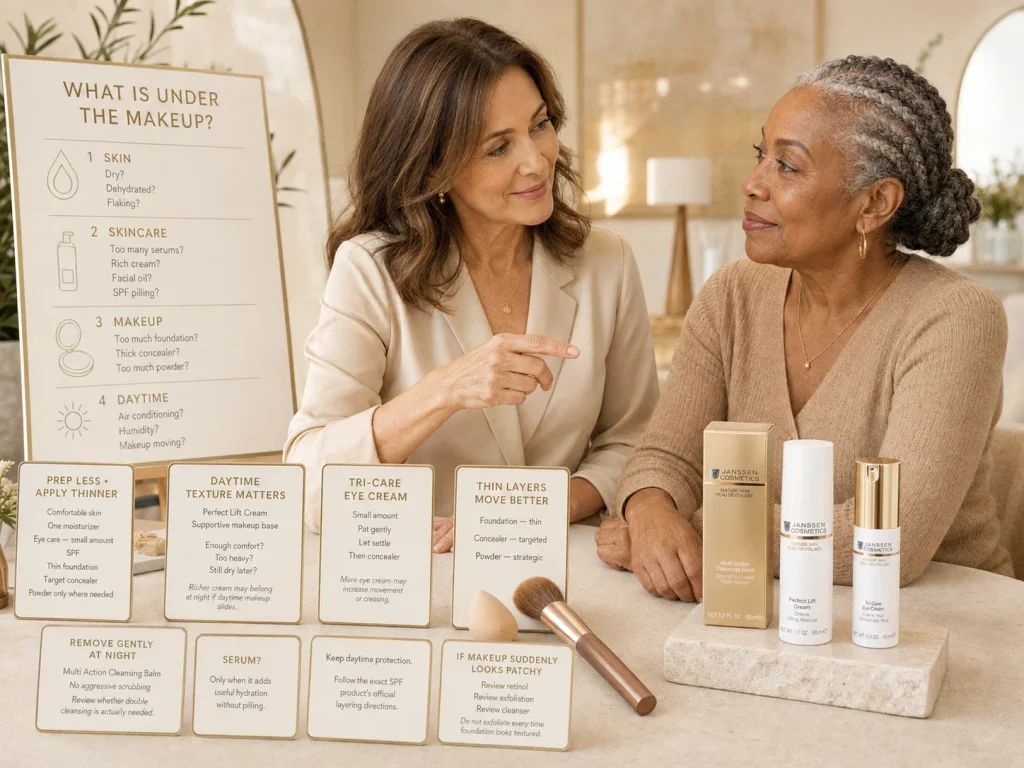 Esthetician reviewing mature skin hydration, moisturizer texture, eye-care amount and makeup layers before foundation application.