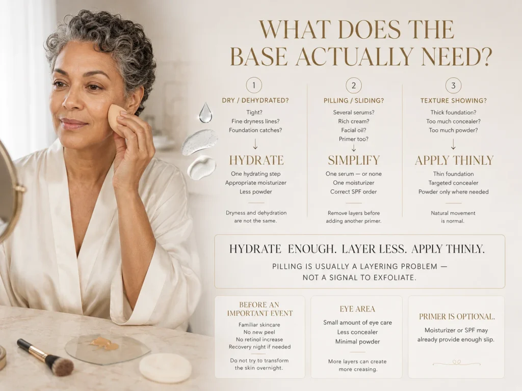 Mature-skin makeup preparation guide showing when to hydrate, simplify skincare layers, and use thinner foundation, concealer, and powder application.