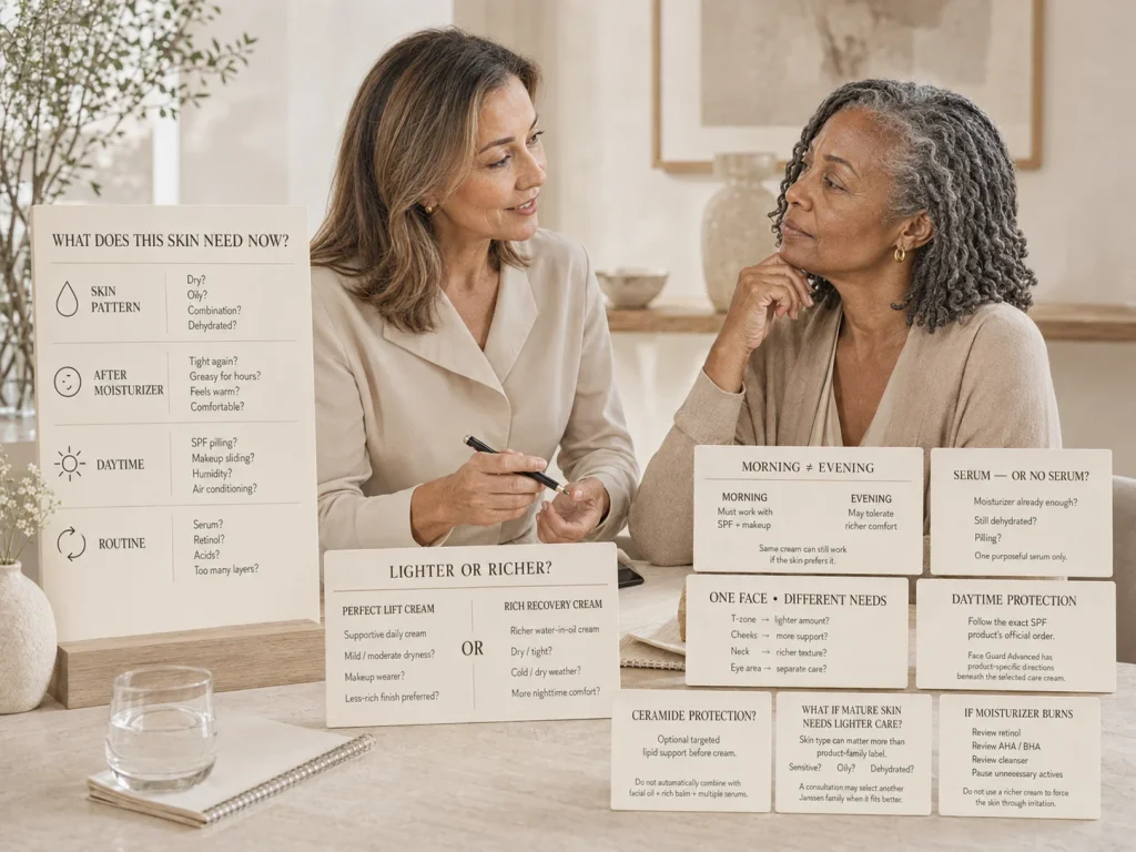 Esthetician comparing Perfect Lift Cream and Rich Recovery Cream as alternative moisturizer textures for mature skin based on dryness, oiliness, climate, makeup, and daytime versus nighttime comfort.