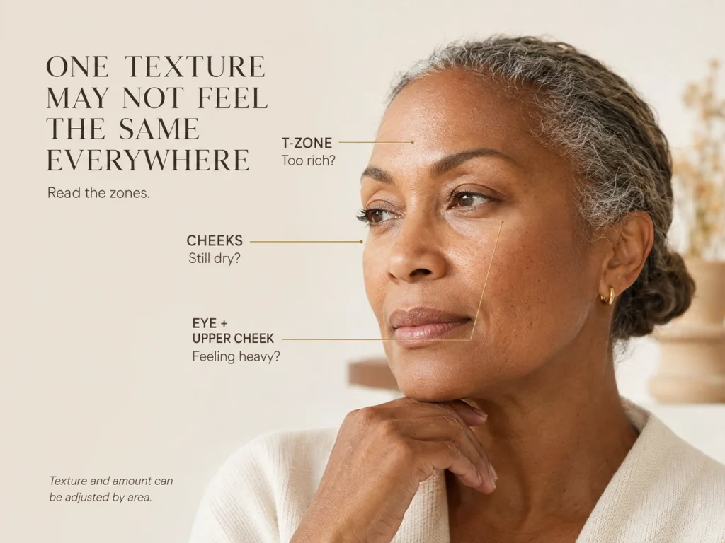 Mature-skin model with direct cues showing dry cheeks, a potentially over-moisturized T-zone, and heaviness near the upper cheek and eye area.