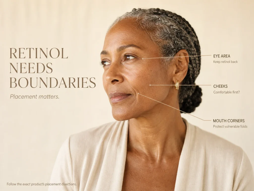 Mature woman with direct leader lines showing the eye area, mouth corners, and cheeks as zones requiring careful retinol placement and tolerance assessment.