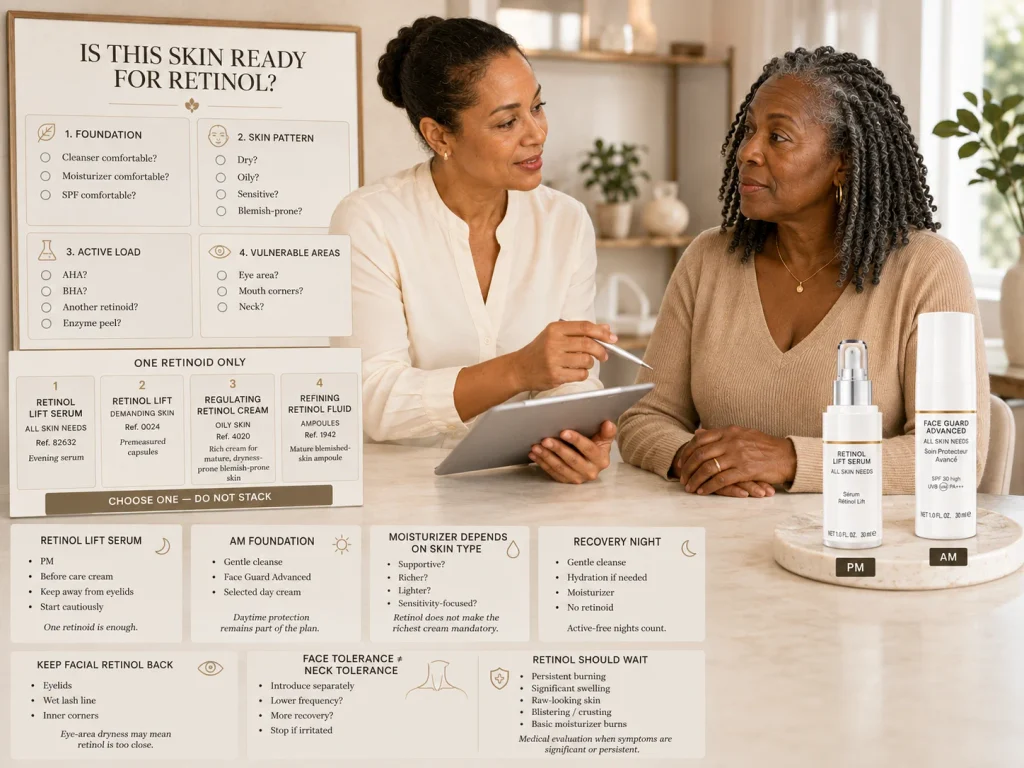 Esthetician assessing mature-skin readiness, sensitivity, dryness, active-product use, vulnerable facial zones, and daytime protection before choosing one retinol format.