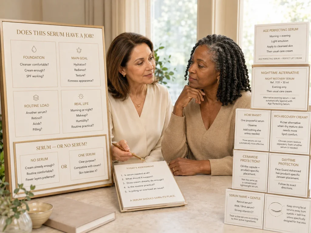 Esthetician helping a mature-skin client decide whether one purposeful serum is needed before cream or whether moisturizer alone is sufficient.
