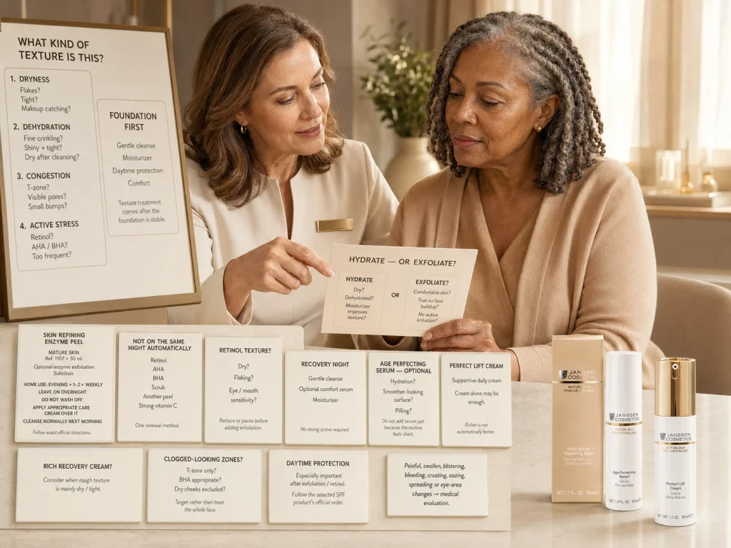 Esthetician identifying whether mature-skin texture comes from dryness, dehydration, congestion, retinol flaking, or surface buildup before choosing hydration, moisturizer, or carefully scheduled exfoliation.