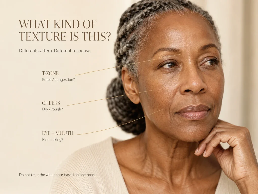 Mature-skin model with direct leader lines distinguishing dry cheek roughness, visible T-zone pores or congestion, and delicate fine flaking around the eye or mouth area.