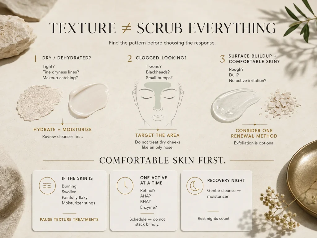 Mature-skin decision guide showing when rough texture may call for hydration, targeted pore care, or one carefully scheduled exfoliating method.