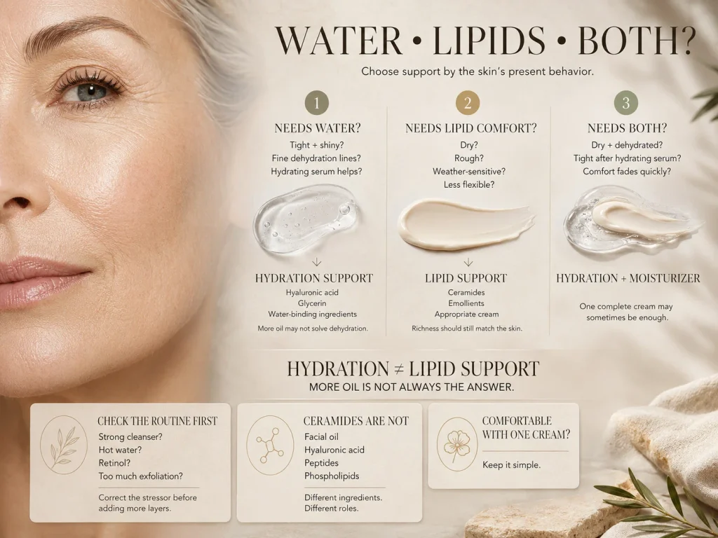 Mature-skin education comparing water-based hydration, lipid support, and routines that may need both rather than automatically adding rich ceramide products.