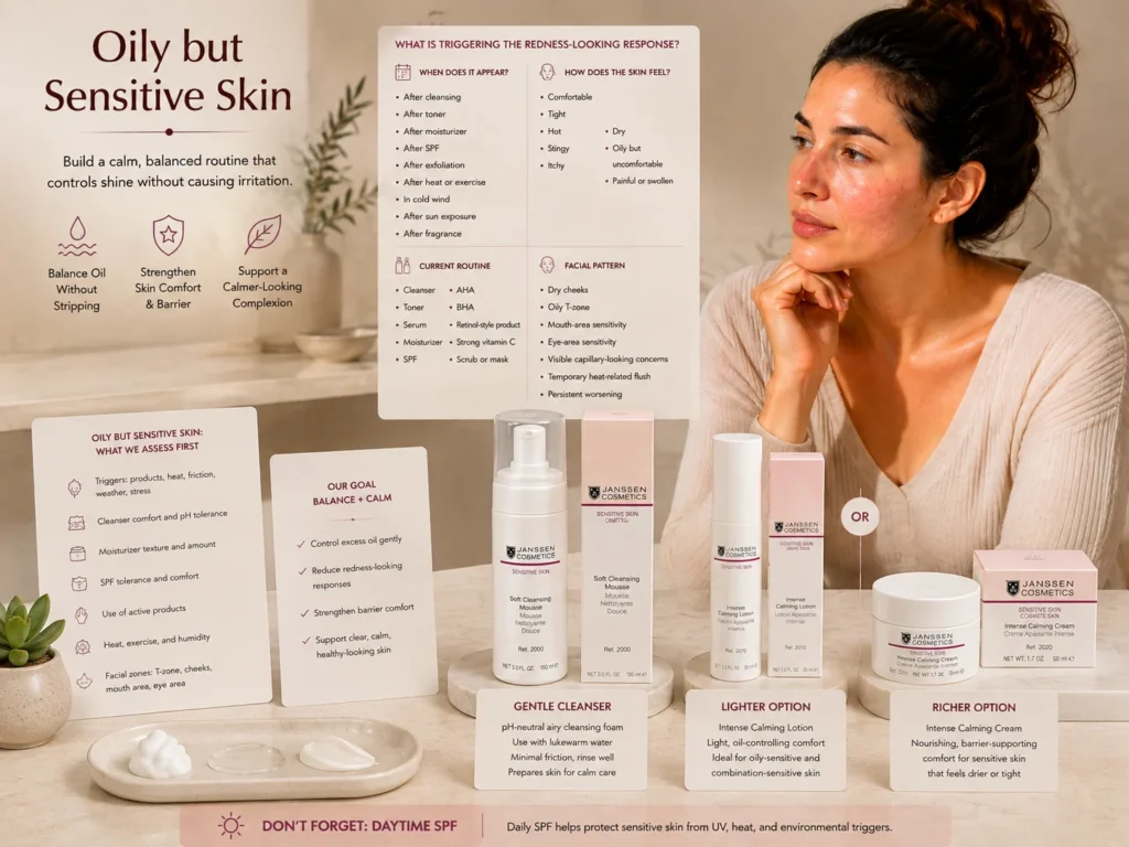 Woman with a shiny T-zone, visible-looking pores, mild cheek sensitivity, and fine dehydration texture reviewing oily and sensitive skin signs with an esthetician.