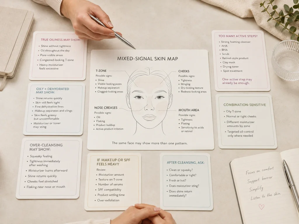 Facial-zone guide comparing true oiliness, oily dehydration, over-cleansing, active-product overload, and combination-sensitive skin.