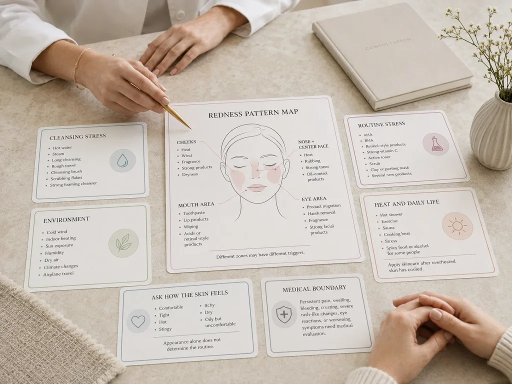 Facial-zone and trigger map showing how heat, weather, hot water, fragrance, friction, exfoliation, and active-product overload may affect redness-prone skin.