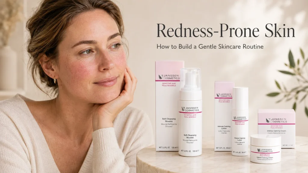 Woman with subtle redness-prone skin and licensed esthetician reviewing a gentle cleanser, moisturizer, SPF, and trigger-reduction routine.