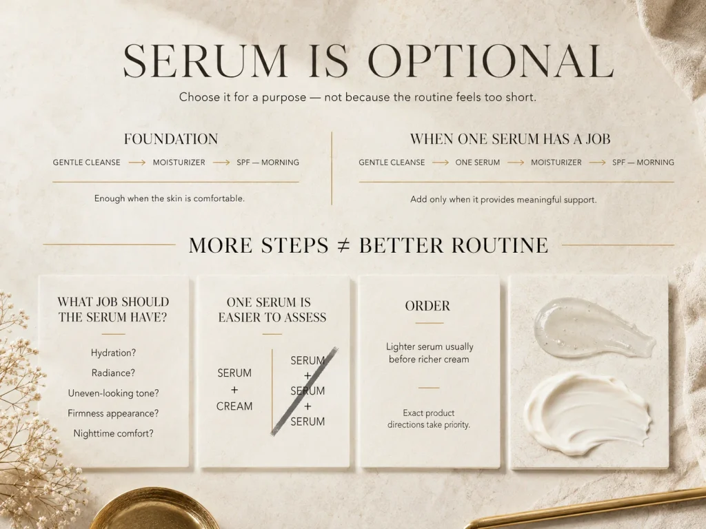 Luxury mature-skin guide showing that both moisturizer-only and one-serum-before-moisturizer routines can be appropriate.